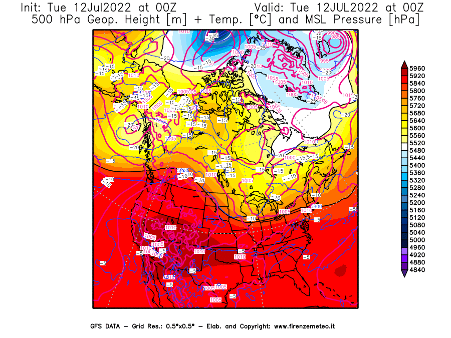 GFS analysi map - Geopotential [m] + Temp. [°C] at 500 hPa + Sea Level Pressure [hPa] in North America
									on 12/07/2022 00 <!--googleoff: index-->UTC<!--googleon: index-->