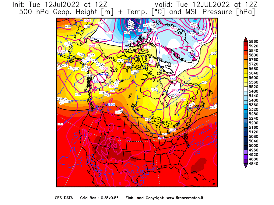 GFS analysi map - Geopotential [m] + Temp. [°C] at 500 hPa + Sea Level Pressure [hPa] in North America
									on 12/07/2022 12 <!--googleoff: index-->UTC<!--googleon: index-->