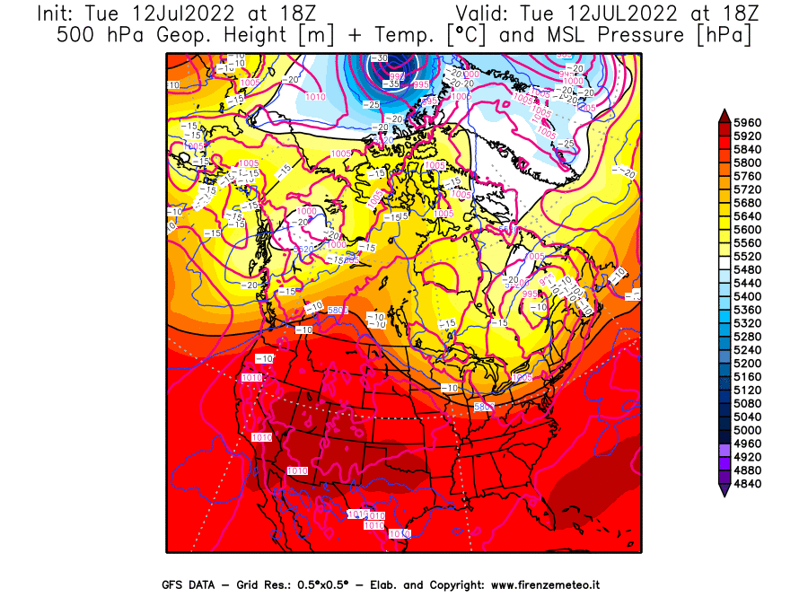 GFS analysi map - Geopotential [m] + Temp. [°C] at 500 hPa + Sea Level Pressure [hPa] in North America
									on 12/07/2022 18 <!--googleoff: index-->UTC<!--googleon: index-->