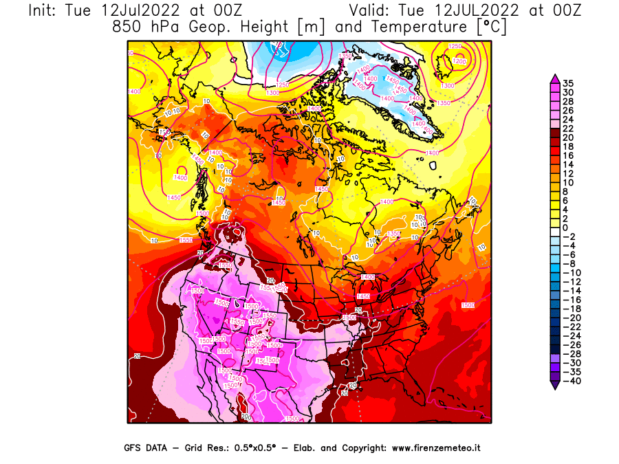 GFS analysi map - Geopotential [m] and Temperature [°C] at 850 hPa in North America
									on 12/07/2022 00 <!--googleoff: index-->UTC<!--googleon: index-->
