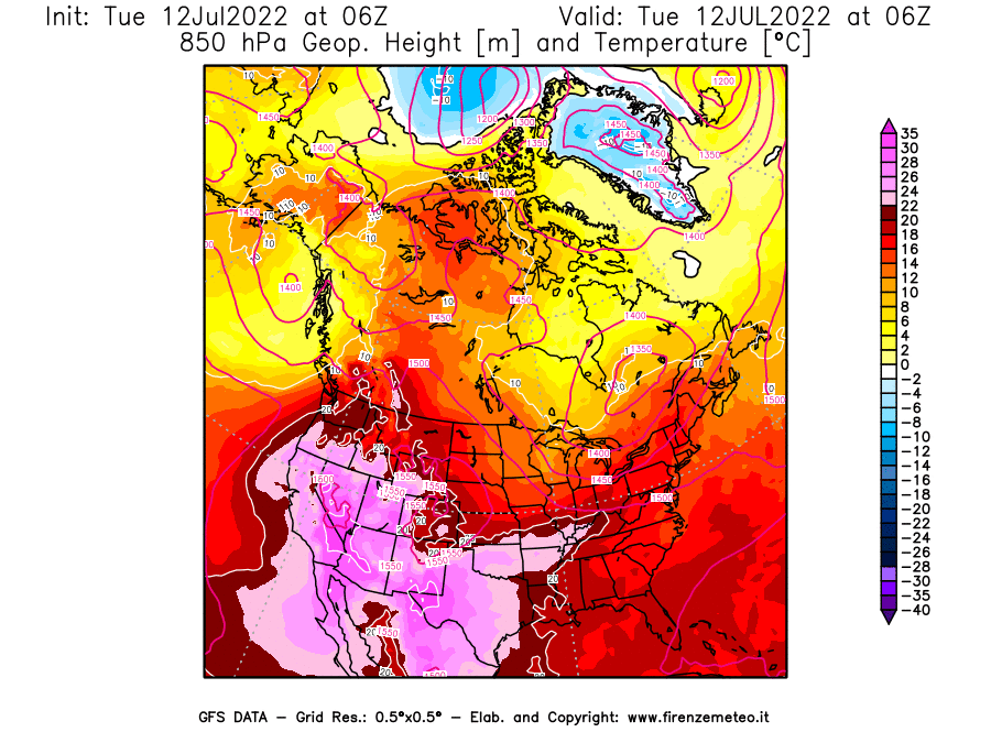 GFS analysi map - Geopotential [m] and Temperature [°C] at 850 hPa in North America
									on 12/07/2022 06 <!--googleoff: index-->UTC<!--googleon: index-->