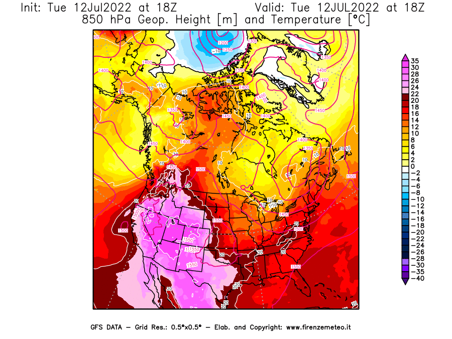 GFS analysi map - Geopotential [m] and Temperature [°C] at 850 hPa in North America
									on 12/07/2022 18 <!--googleoff: index-->UTC<!--googleon: index-->