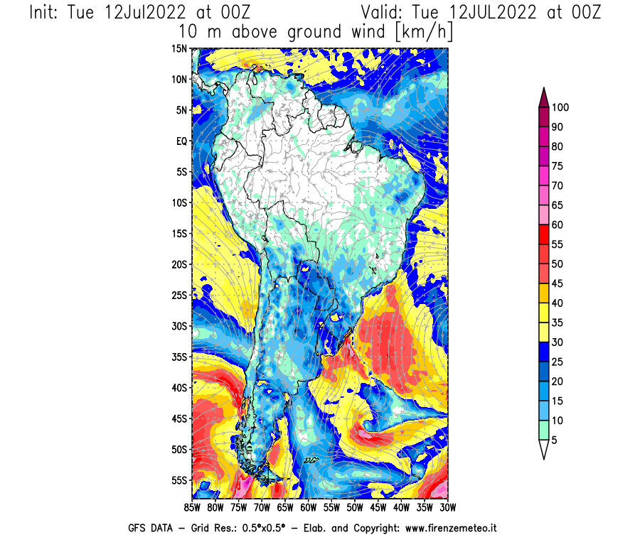 GFS analysi map - Wind Speed at 10 m above ground [km/h] in South America
									on 12/07/2022 00 <!--googleoff: index-->UTC<!--googleon: index-->