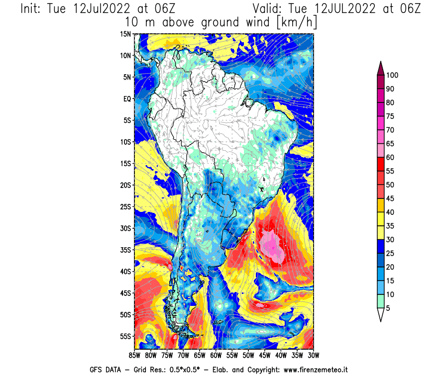 GFS analysi map - Wind Speed at 10 m above ground [km/h] in South America
									on 12/07/2022 06 <!--googleoff: index-->UTC<!--googleon: index-->