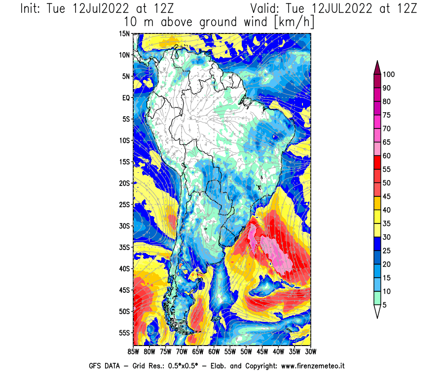 GFS analysi map - Wind Speed at 10 m above ground [km/h] in South America
									on 12/07/2022 12 <!--googleoff: index-->UTC<!--googleon: index-->