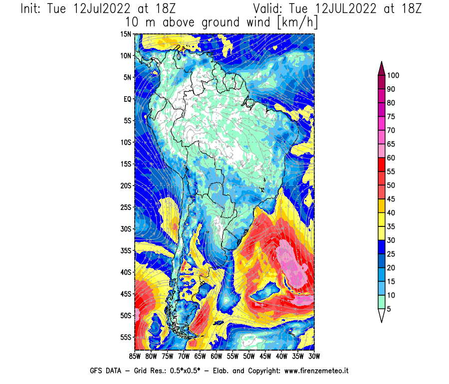 GFS analysi map - Wind Speed at 10 m above ground [km/h] in South America
									on 12/07/2022 18 <!--googleoff: index-->UTC<!--googleon: index-->