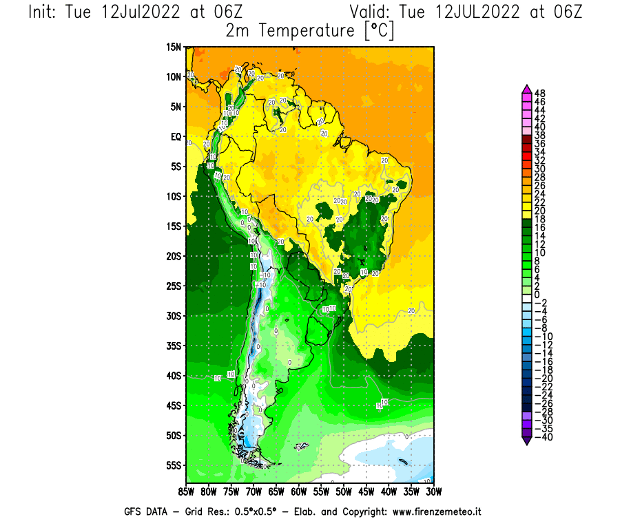 GFS analysi map - Temperature at 2 m above ground [°C] in South America
									on 12/07/2022 06 <!--googleoff: index-->UTC<!--googleon: index-->