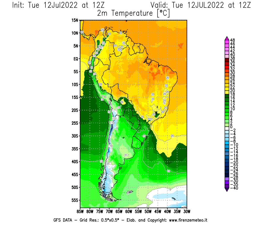 GFS analysi map - Temperature at 2 m above ground [°C] in South America
									on 12/07/2022 12 <!--googleoff: index-->UTC<!--googleon: index-->