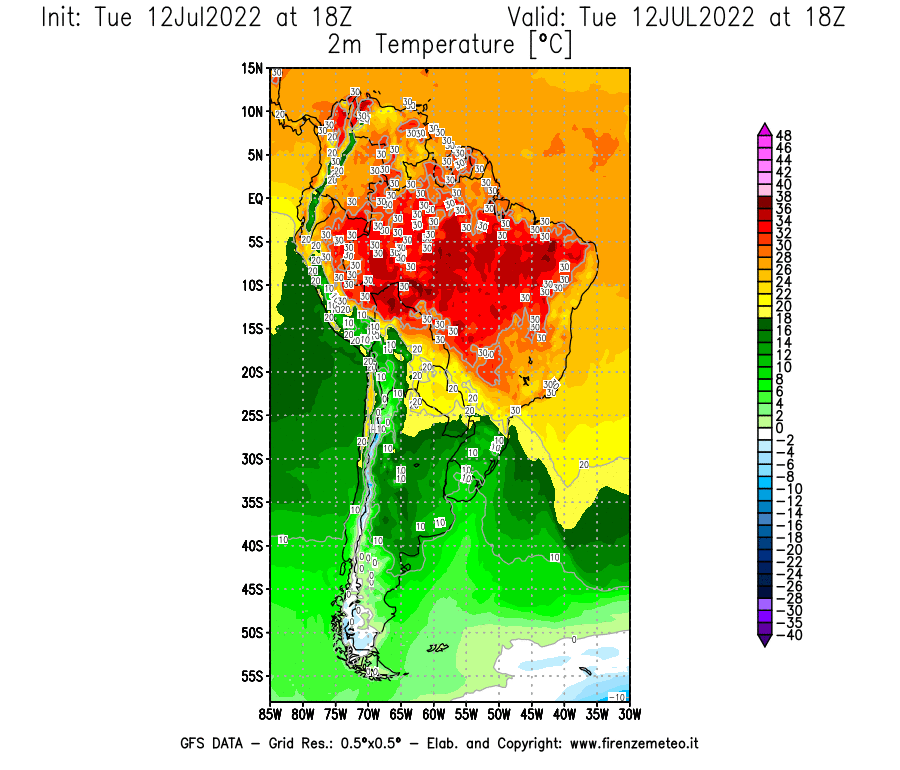 GFS analysi map - Temperature at 2 m above ground [°C] in South America
									on 12/07/2022 18 <!--googleoff: index-->UTC<!--googleon: index-->