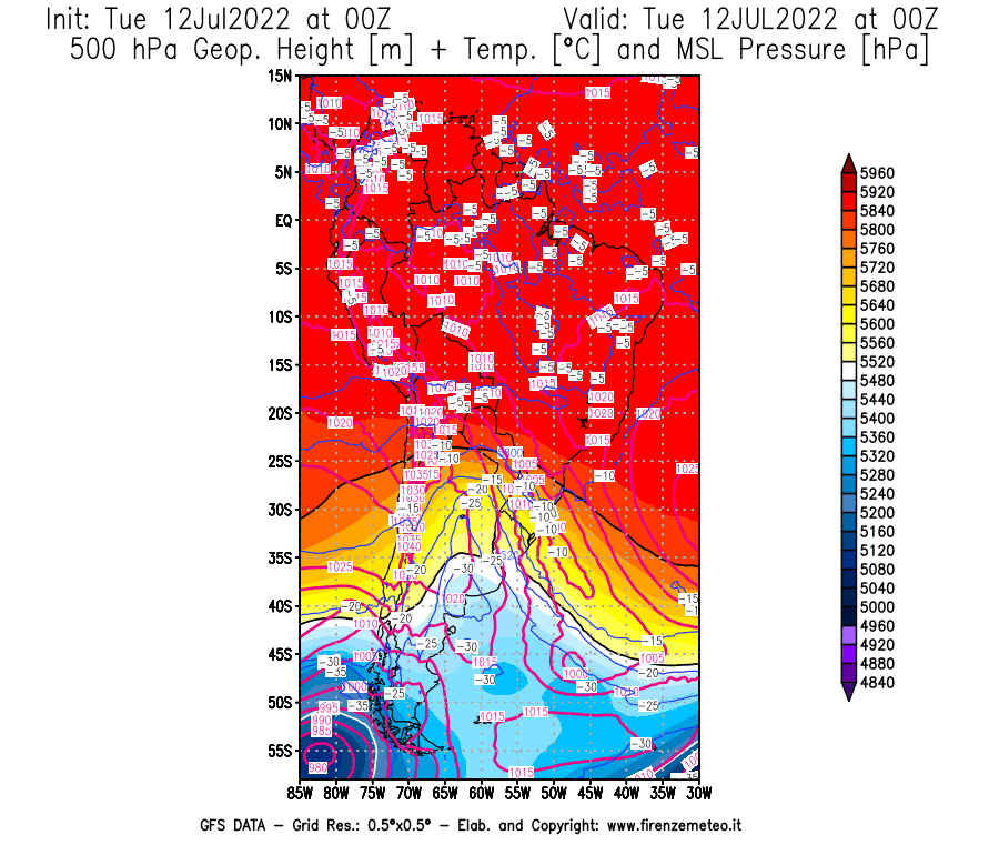 GFS analysi map - Geopotential [m] + Temp. [°C] at 500 hPa + Sea Level Pressure [hPa] in South America
									on 12/07/2022 00 <!--googleoff: index-->UTC<!--googleon: index-->