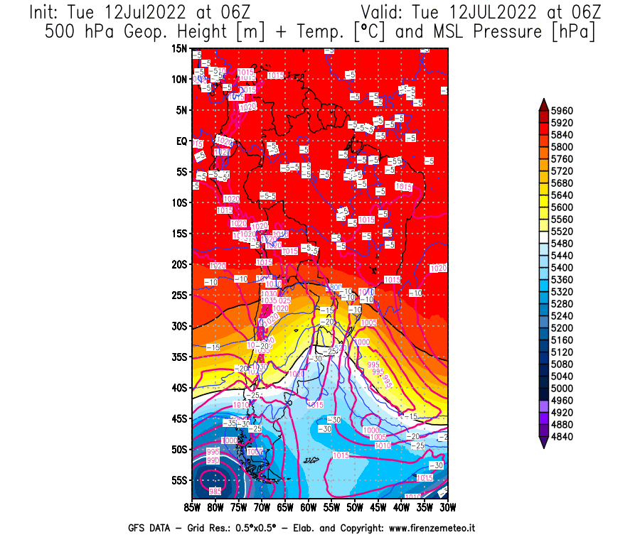 GFS analysi map - Geopotential [m] + Temp. [°C] at 500 hPa + Sea Level Pressure [hPa] in South America
									on 12/07/2022 06 <!--googleoff: index-->UTC<!--googleon: index-->