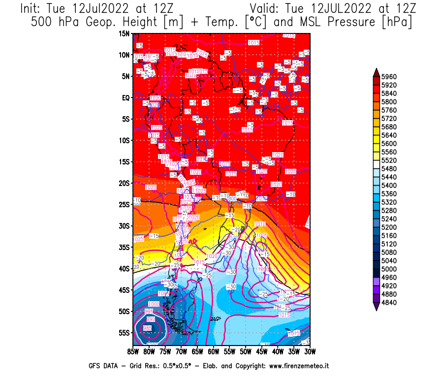 GFS analysi map - Geopotential [m] + Temp. [°C] at 500 hPa + Sea Level Pressure [hPa] in South America
									on 12/07/2022 12 <!--googleoff: index-->UTC<!--googleon: index-->