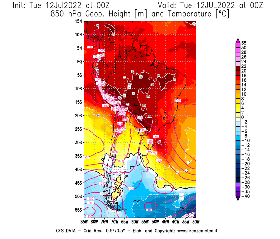 GFS analysi map - Geopotential [m] and Temperature [°C] at 850 hPa in South America
									on 12/07/2022 00 <!--googleoff: index-->UTC<!--googleon: index-->