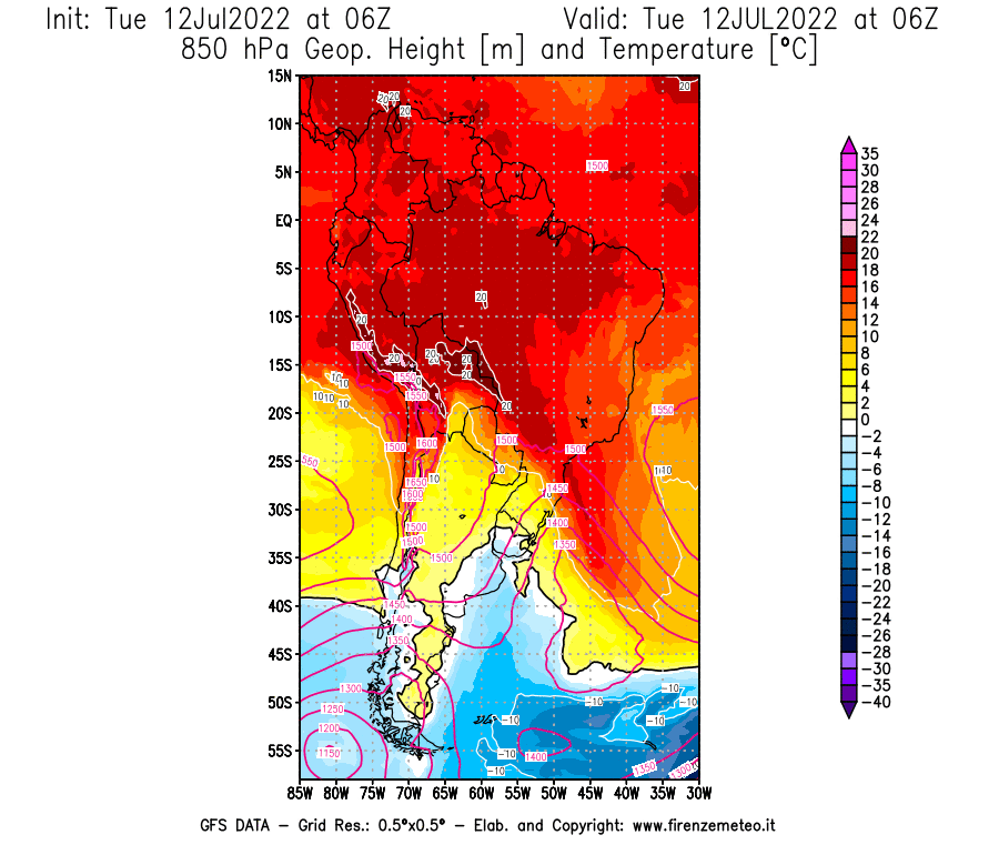 GFS analysi map - Geopotential [m] and Temperature [°C] at 850 hPa in South America
									on 12/07/2022 06 <!--googleoff: index-->UTC<!--googleon: index-->