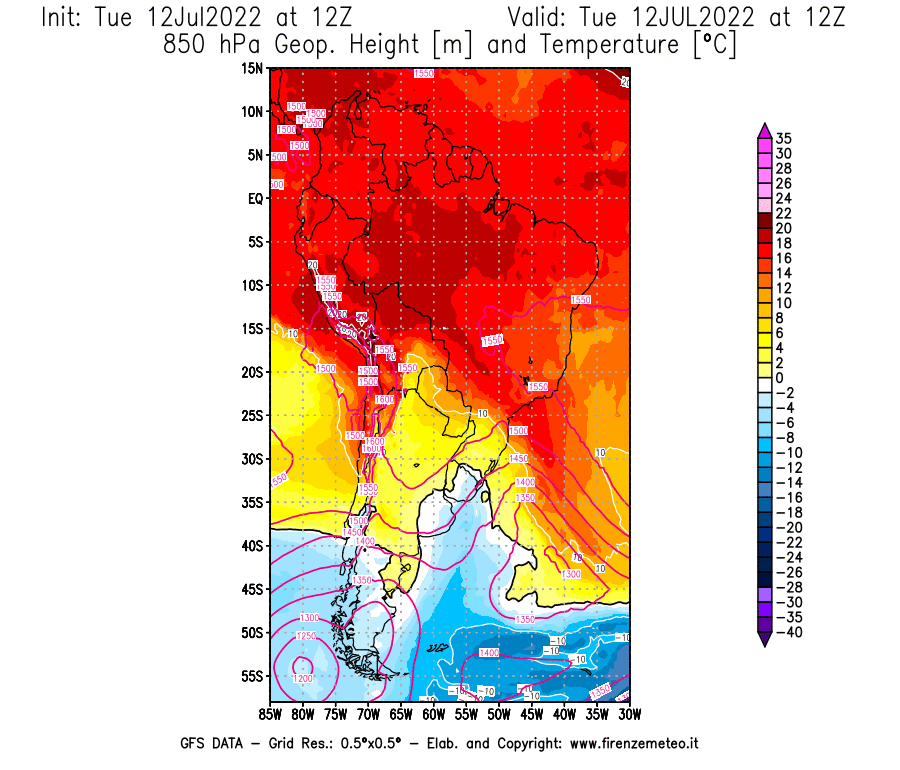 GFS analysi map - Geopotential [m] and Temperature [°C] at 850 hPa in South America
									on 12/07/2022 12 <!--googleoff: index-->UTC<!--googleon: index-->