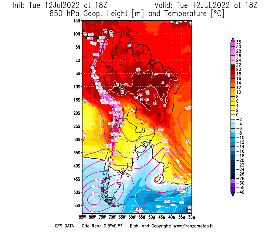 GFS analysi map - Geopotential [m] and Temperature [°C] at 850 hPa in South America
									on 12/07/2022 18 <!--googleoff: index-->UTC<!--googleon: index-->
