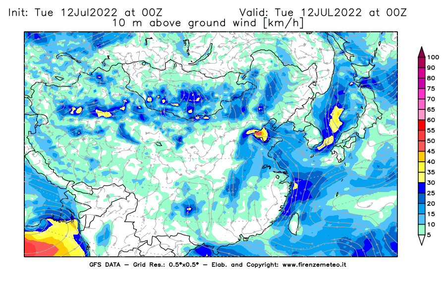 GFS analysi map - Wind Speed at 10 m above ground [km/h] in East Asia
									on 12/07/2022 00 <!--googleoff: index-->UTC<!--googleon: index-->