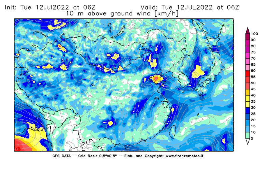 GFS analysi map - Wind Speed at 10 m above ground [km/h] in East Asia
									on 12/07/2022 06 <!--googleoff: index-->UTC<!--googleon: index-->