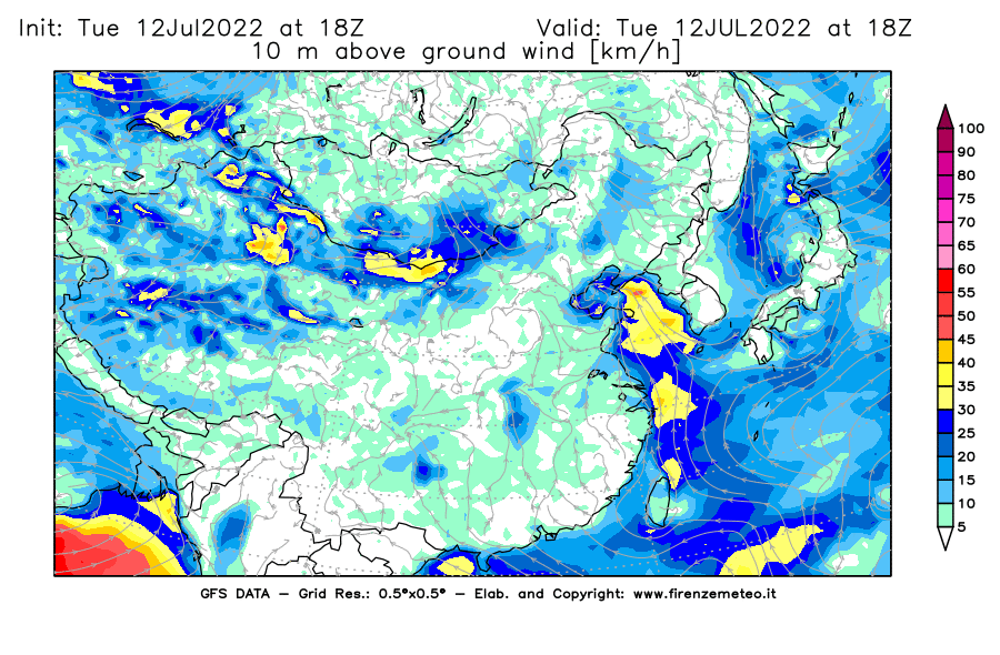 GFS analysi map - Wind Speed at 10 m above ground [km/h] in East Asia
									on 12/07/2022 18 <!--googleoff: index-->UTC<!--googleon: index-->