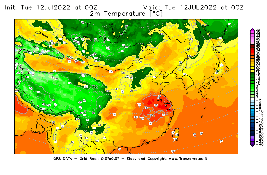 GFS analysi map - Temperature at 2 m above ground [°C] in East Asia
									on 12/07/2022 00 <!--googleoff: index-->UTC<!--googleon: index-->