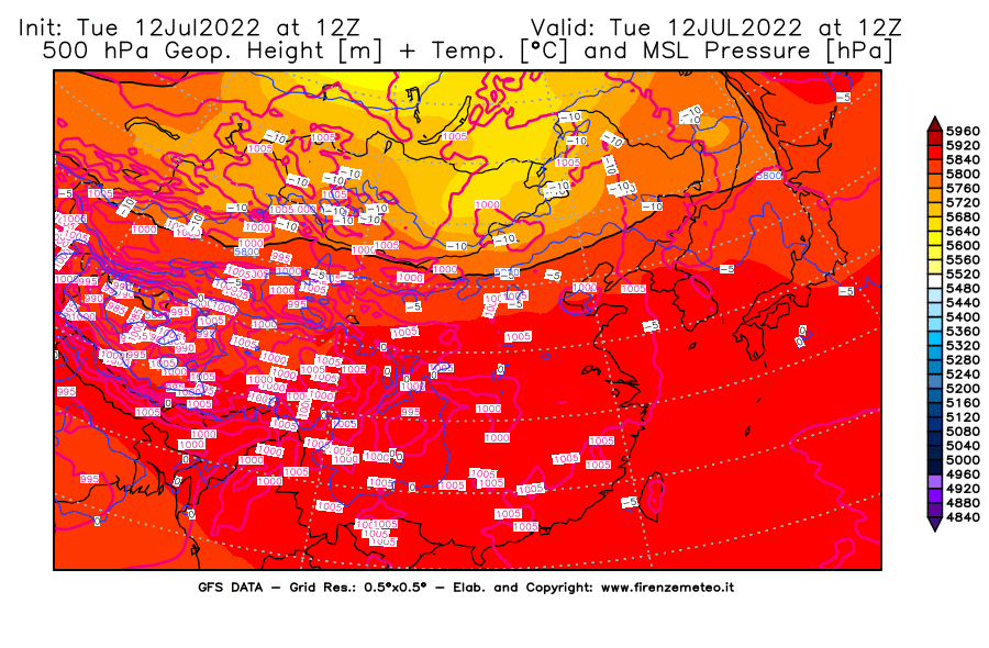 GFS analysi map - Geopotential [m] + Temp. [°C] at 500 hPa + Sea Level Pressure [hPa] in East Asia
									on 12/07/2022 12 <!--googleoff: index-->UTC<!--googleon: index-->