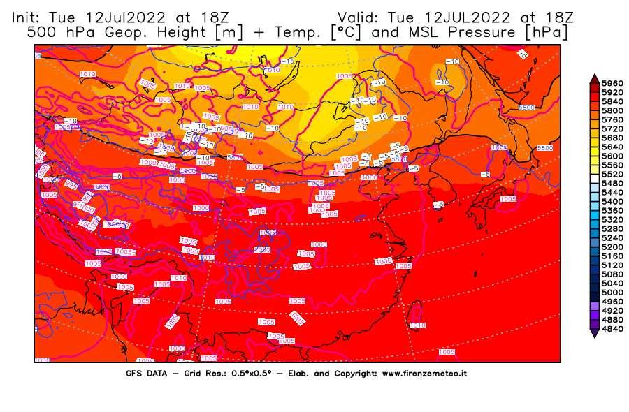 GFS analysi map - Geopotential [m] + Temp. [°C] at 500 hPa + Sea Level Pressure [hPa] in East Asia
									on 12/07/2022 18 <!--googleoff: index-->UTC<!--googleon: index-->