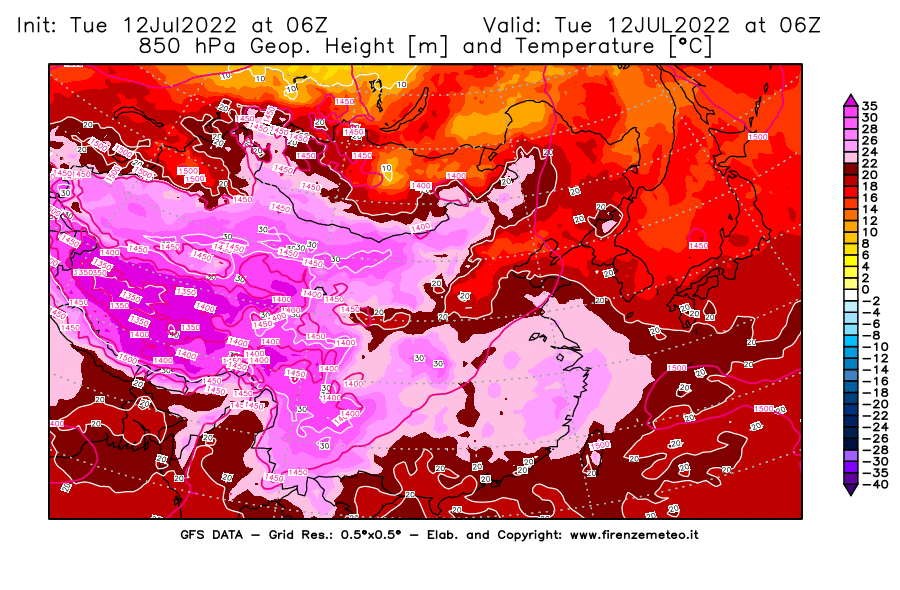 GFS analysi map - Geopotential [m] and Temperature [°C] at 850 hPa in East Asia
									on 12/07/2022 06 <!--googleoff: index-->UTC<!--googleon: index-->