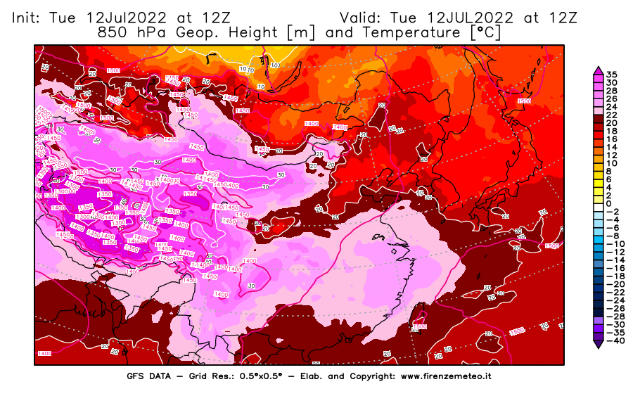 GFS analysi map - Geopotential [m] and Temperature [°C] at 850 hPa in East Asia
									on 12/07/2022 12 <!--googleoff: index-->UTC<!--googleon: index-->