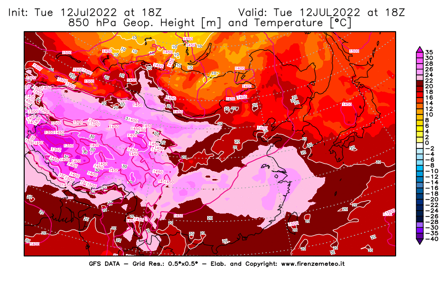 GFS analysi map - Geopotential [m] and Temperature [°C] at 850 hPa in East Asia
									on 12/07/2022 18 <!--googleoff: index-->UTC<!--googleon: index-->