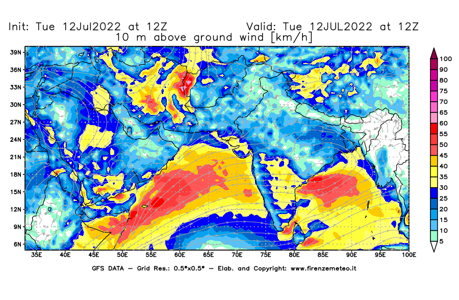 GFS analysi map - Wind Speed at 10 m above ground [km/h] in South West Asia 
									on 12/07/2022 12 <!--googleoff: index-->UTC<!--googleon: index-->