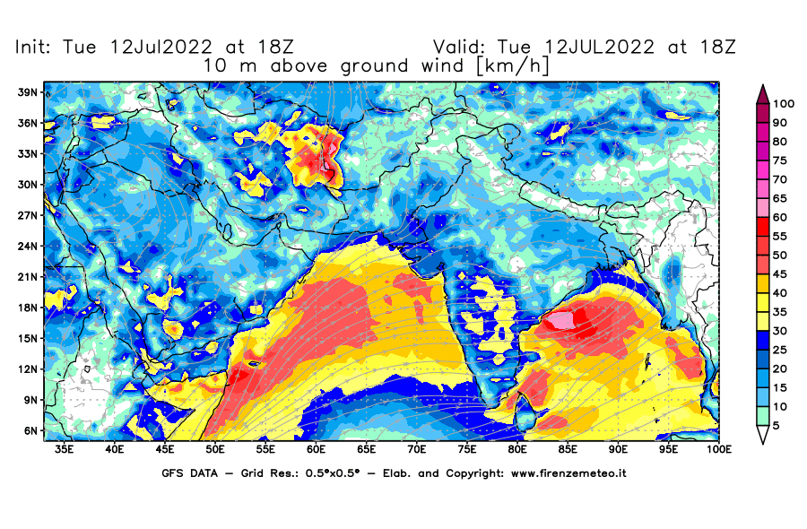 GFS analysi map - Wind Speed at 10 m above ground [km/h] in South West Asia 
									on 12/07/2022 18 <!--googleoff: index-->UTC<!--googleon: index-->