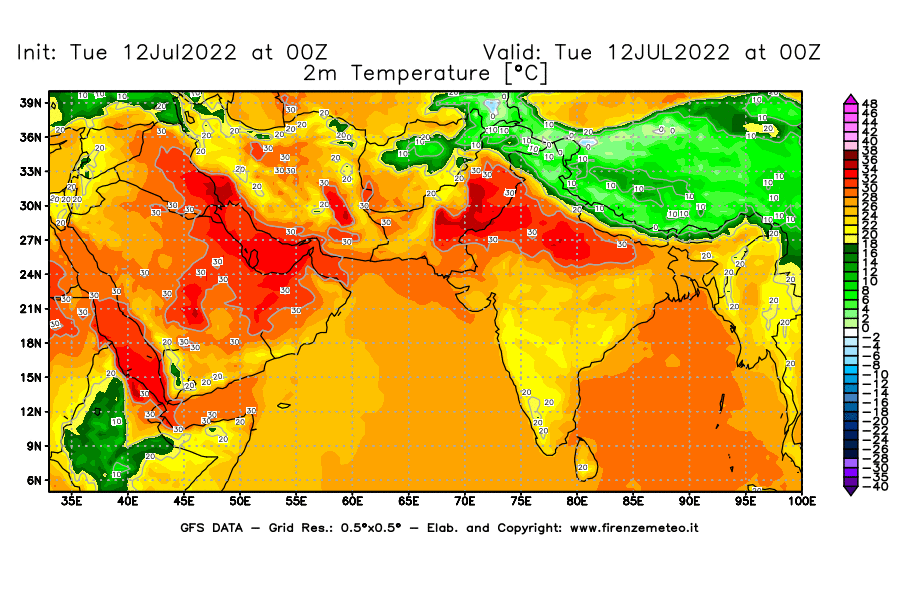 GFS analysi map - Temperature at 2 m above ground [°C] in South West Asia 
									on 12/07/2022 00 <!--googleoff: index-->UTC<!--googleon: index-->
