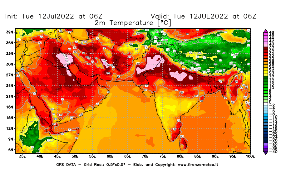 GFS analysi map - Temperature at 2 m above ground [°C] in South West Asia 
									on 12/07/2022 06 <!--googleoff: index-->UTC<!--googleon: index-->