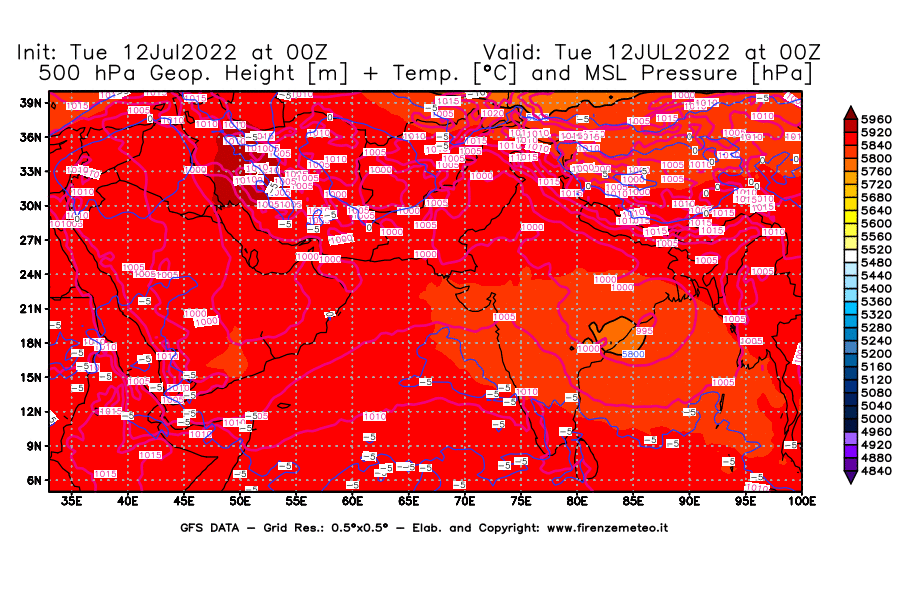 GFS analysi map - Geopotential [m] + Temp. [°C] at 500 hPa + Sea Level Pressure [hPa] in South West Asia 
									on 12/07/2022 00 <!--googleoff: index-->UTC<!--googleon: index-->