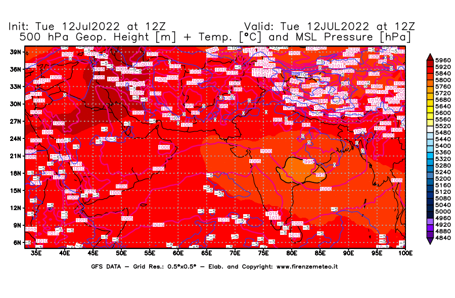 GFS analysi map - Geopotential [m] + Temp. [°C] at 500 hPa + Sea Level Pressure [hPa] in South West Asia 
									on 12/07/2022 12 <!--googleoff: index-->UTC<!--googleon: index-->