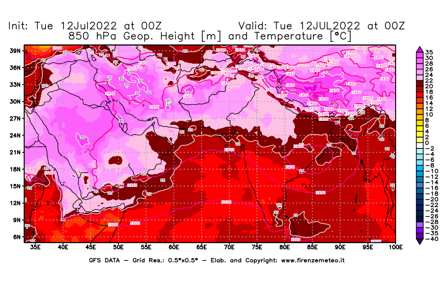 GFS analysi map - Geopotential [m] and Temperature [°C] at 850 hPa in South West Asia 
									on 12/07/2022 00 <!--googleoff: index-->UTC<!--googleon: index-->