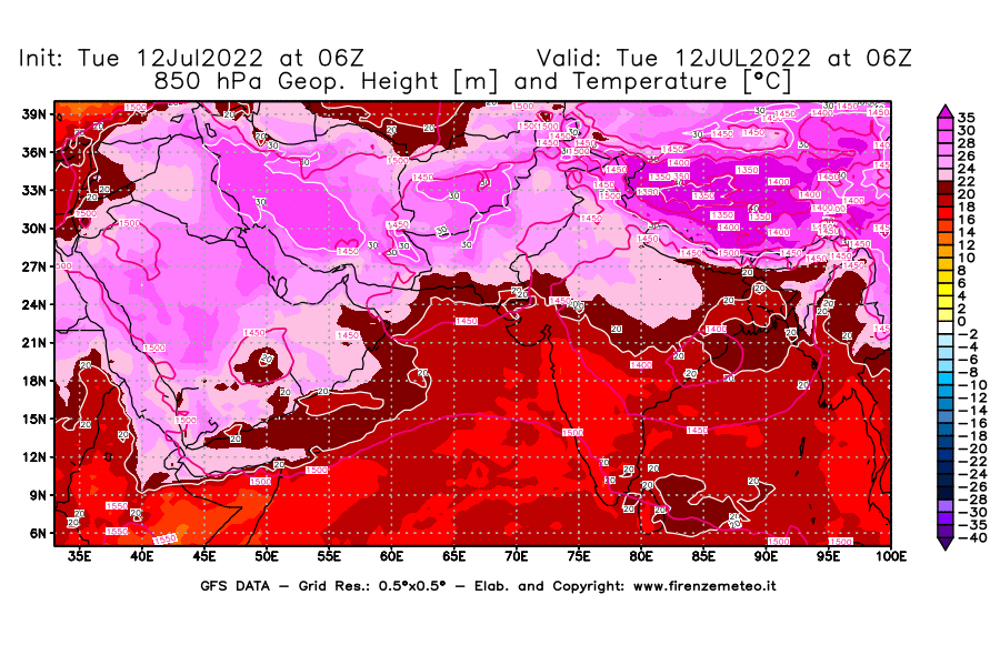 GFS analysi map - Geopotential [m] and Temperature [°C] at 850 hPa in South West Asia 
									on 12/07/2022 06 <!--googleoff: index-->UTC<!--googleon: index-->
