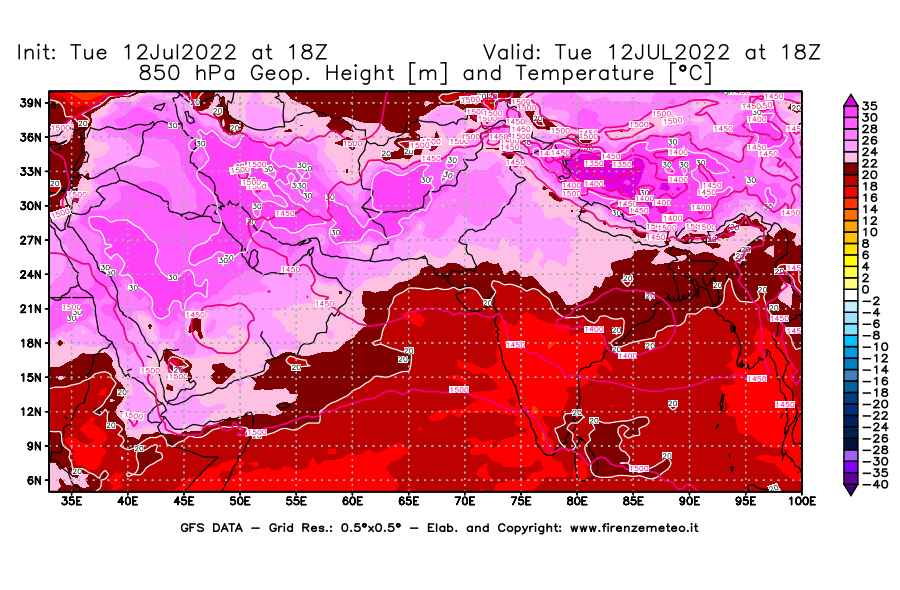 GFS analysi map - Geopotential [m] and Temperature [°C] at 850 hPa in South West Asia 
									on 12/07/2022 18 <!--googleoff: index-->UTC<!--googleon: index-->