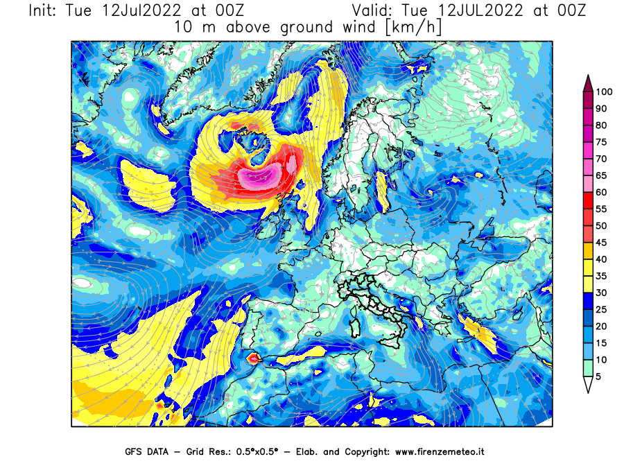 GFS analysi map - Wind Speed at 10 m above ground [km/h] in Europe
									on 12/07/2022 00 <!--googleoff: index-->UTC<!--googleon: index-->