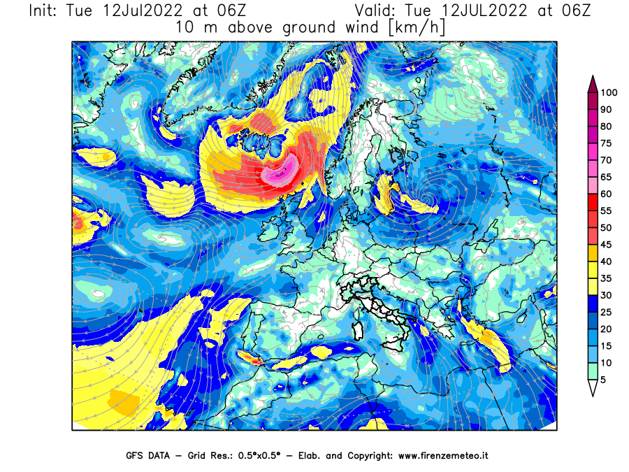 GFS analysi map - Wind Speed at 10 m above ground [km/h] in Europe
									on 12/07/2022 06 <!--googleoff: index-->UTC<!--googleon: index-->