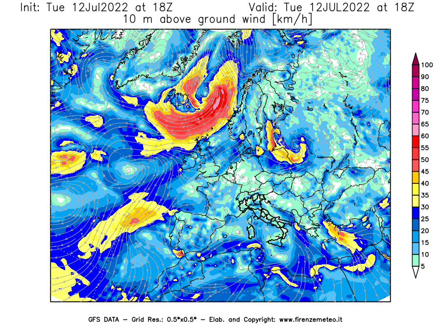GFS analysi map - Wind Speed at 10 m above ground [km/h] in Europe
									on 12/07/2022 18 <!--googleoff: index-->UTC<!--googleon: index-->