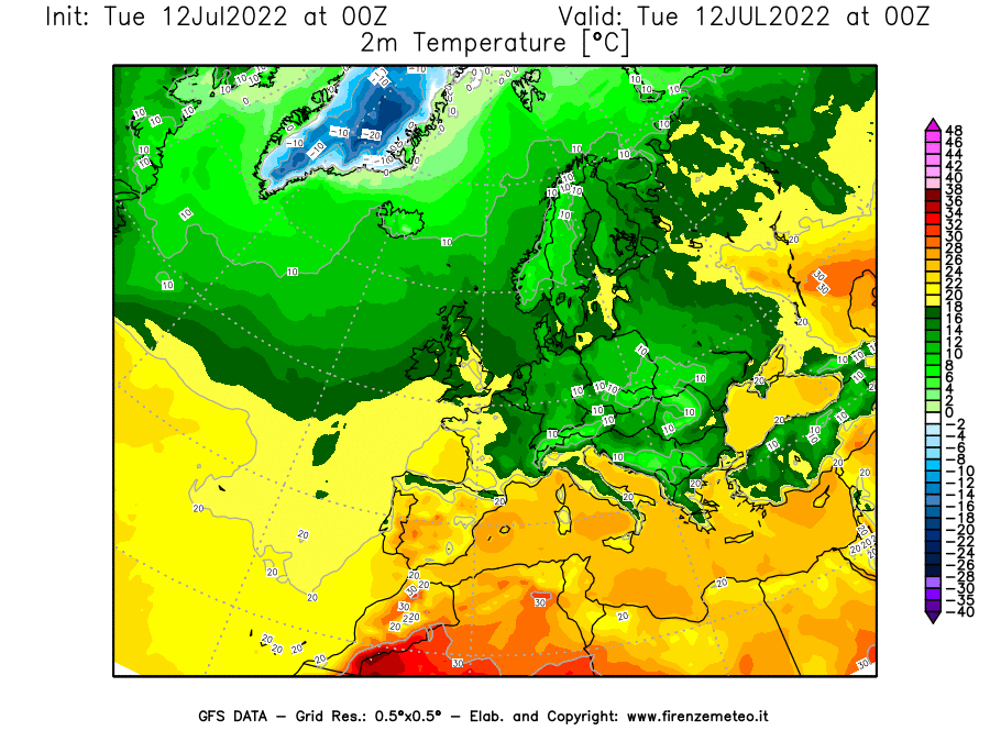 GFS analysi map - Temperature at 2 m above ground [°C] in Europe
									on 12/07/2022 00 <!--googleoff: index-->UTC<!--googleon: index-->