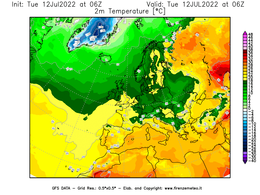 GFS analysi map - Temperature at 2 m above ground [°C] in Europe
									on 12/07/2022 06 <!--googleoff: index-->UTC<!--googleon: index-->