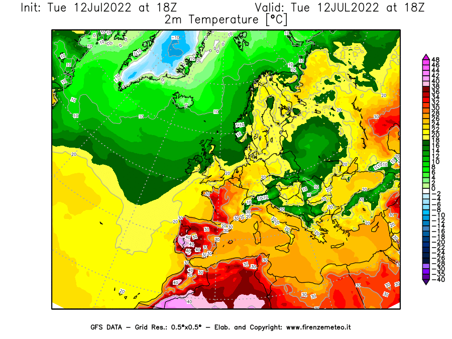 GFS analysi map - Temperature at 2 m above ground [°C] in Europe
									on 12/07/2022 18 <!--googleoff: index-->UTC<!--googleon: index-->