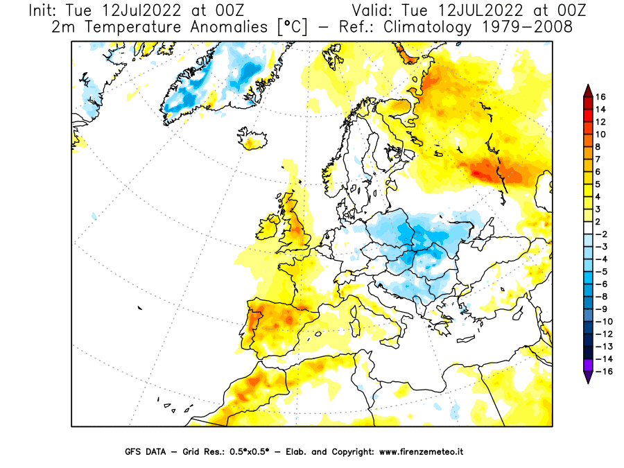 GFS analysi map - Temperature Anomalies [°C] at 2 m in Europe
									on 12/07/2022 00 <!--googleoff: index-->UTC<!--googleon: index-->