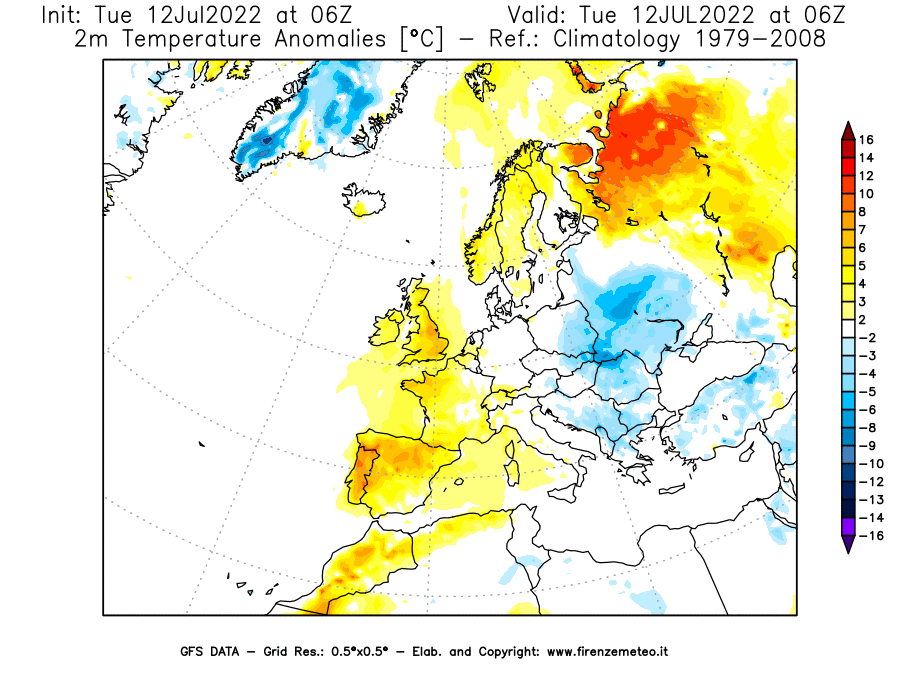 GFS analysi map - Temperature Anomalies [°C] at 2 m in Europe
									on 12/07/2022 06 <!--googleoff: index-->UTC<!--googleon: index-->