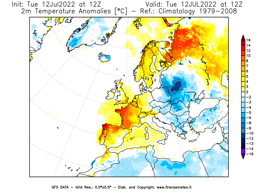 GFS analysi map - Temperature Anomalies [°C] at 2 m in Europe
									on 12/07/2022 12 <!--googleoff: index-->UTC<!--googleon: index-->