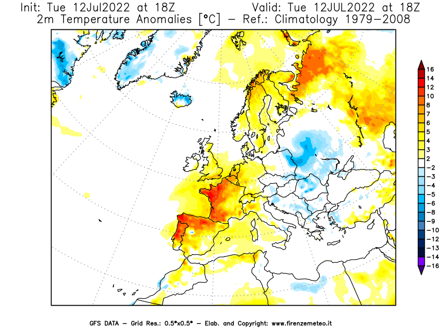 GFS analysi map - Temperature Anomalies [°C] at 2 m in Europe
									on 12/07/2022 18 <!--googleoff: index-->UTC<!--googleon: index-->