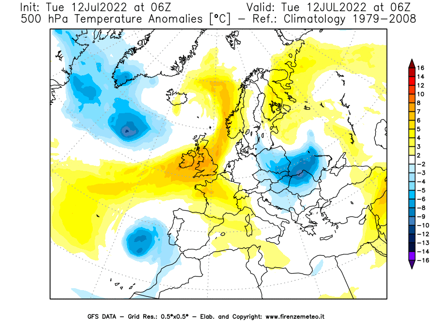 GFS analysi map - Temperature Anomalies [°C] at 500 hPa in Europe
									on 12/07/2022 06 <!--googleoff: index-->UTC<!--googleon: index-->