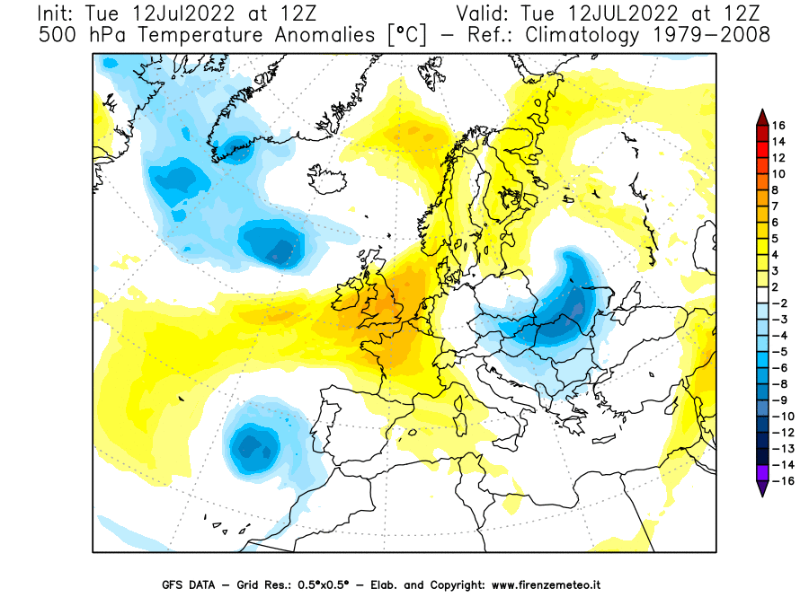 GFS analysi map - Temperature Anomalies [°C] at 500 hPa in Europe
									on 12/07/2022 12 <!--googleoff: index-->UTC<!--googleon: index-->
